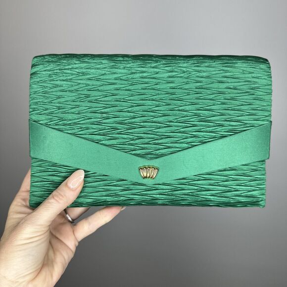 Vintage 50s Walborg Green Satin Evening Clutch with Gold Embellishment Handmade - Picture 1 of 11